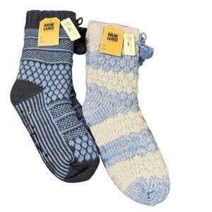 MUK LUKS Set of 2 Aloe Infused Textured Cabin Socks Faux Fur Lined NWT L/XL Blue